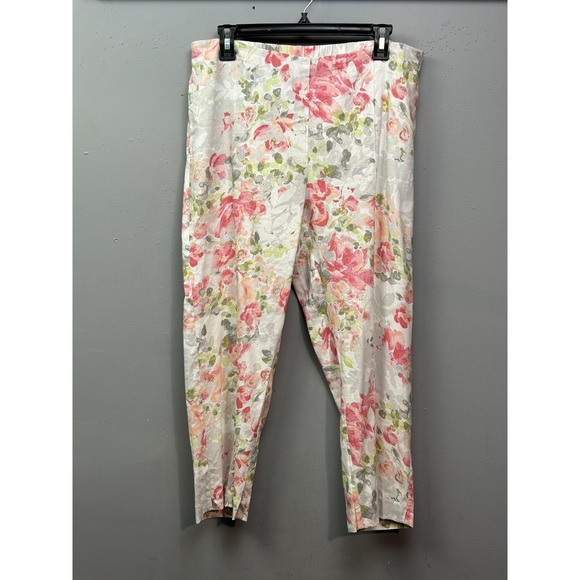 J Jill Linen Stretch Pants Womens Medium Cropped Floral Pull On Pockets - Picture 1 of 8